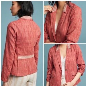 Anthropologie Cartonnier women’s blazer Winona Linen Embroidered button size 10